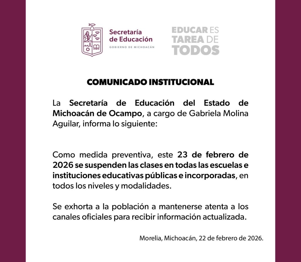 Se suspenden clases este lunes 23 de febrero:&nbsp;SEE